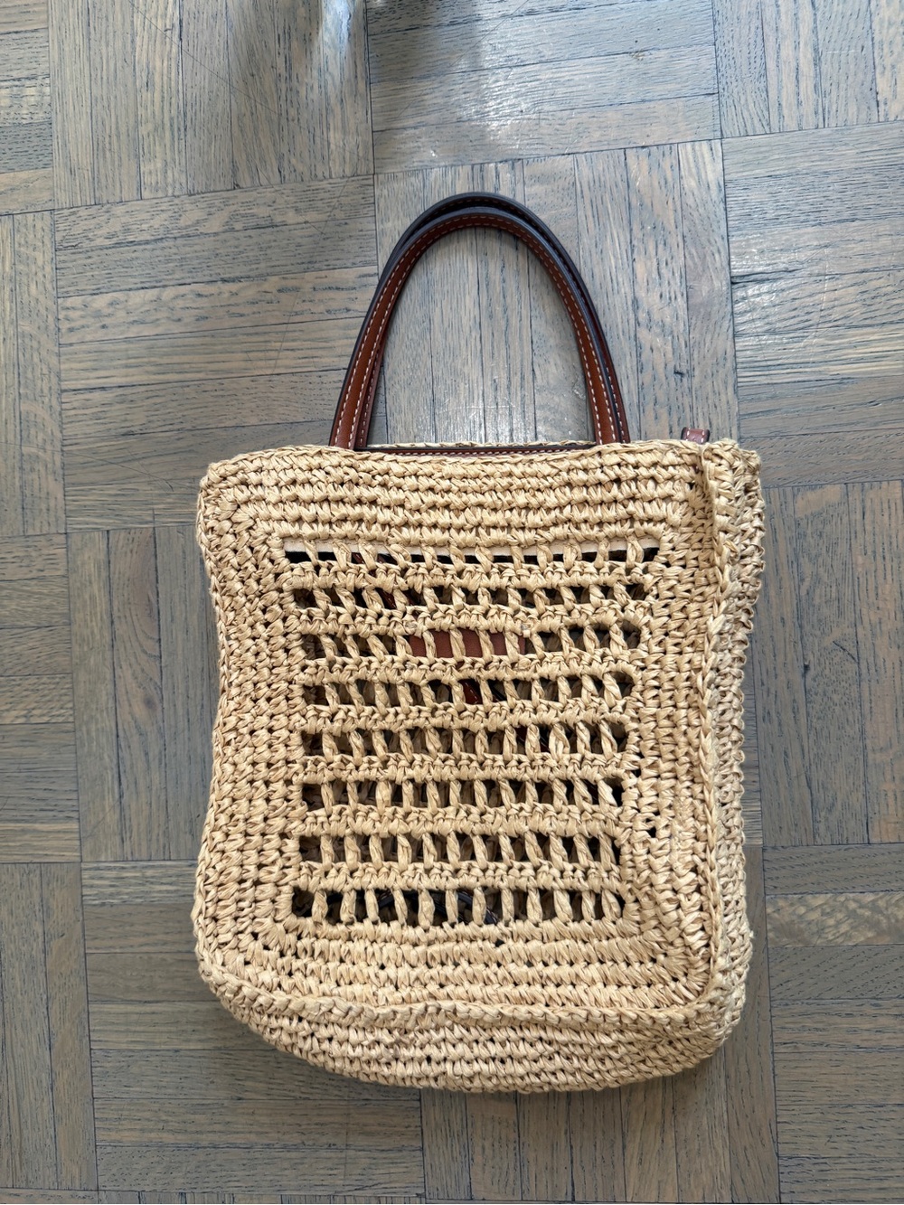 Mango Beige Woven Shoulder Bag with Brown Handles
